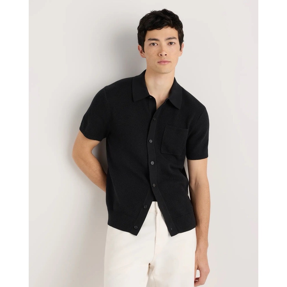 NWT Quince 100% Organic Cotton Mesh-Stitch Button-up Sweater Polo Mens XL Black